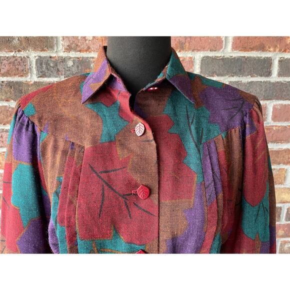 NWT Vintage fall dress - Leslie Fay - leaves - shirt dress - midi - 70s - size S - Picture 11 of 11
